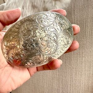 Cust M Bilt Sterling Silver Designer Signed Engraved Belt Buckle Western Cowgirl